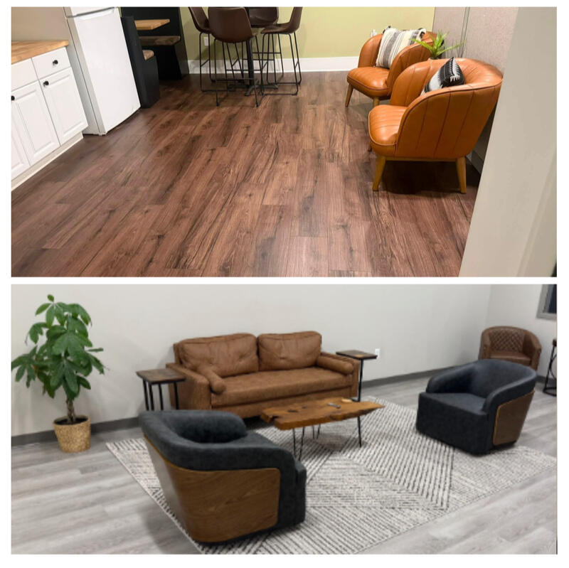 Professionally cleaned commercial lounge with seating and polished floors